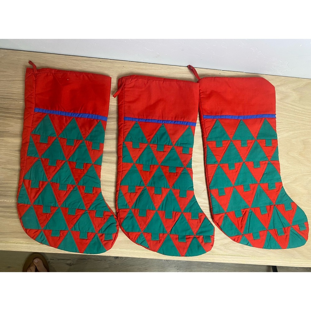Vintage Quilted Christmas Stockings Set of 3 Red Green Tree Patchwork Cotton